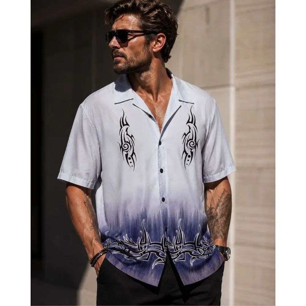 Odo Tribal Print Buttoned Shirt Vintage Y2K Embroidered Gray Camp Collar XL